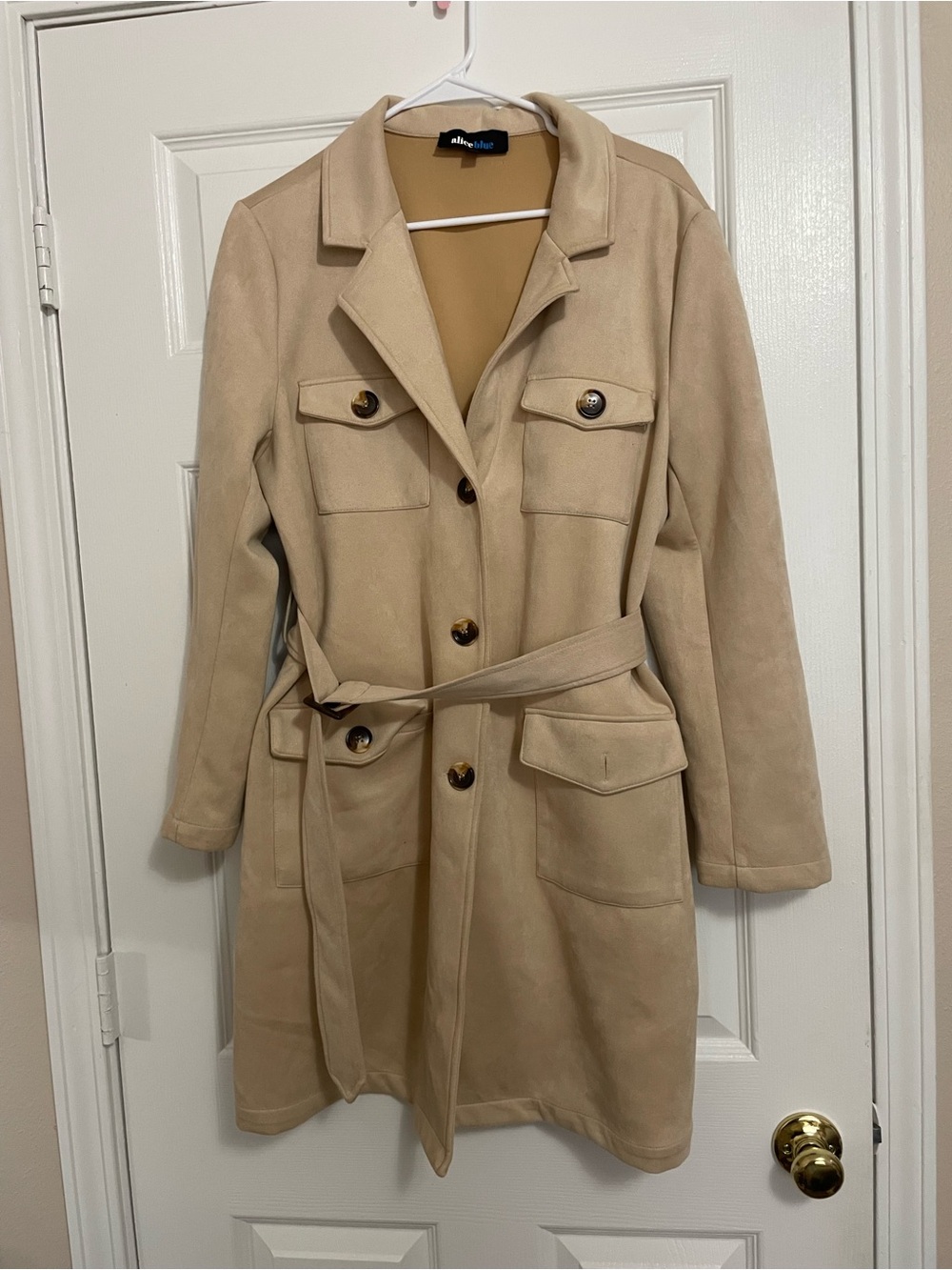 Alice Blue Tan Faux Suede Belted Utility Trench Coat (Flaw)